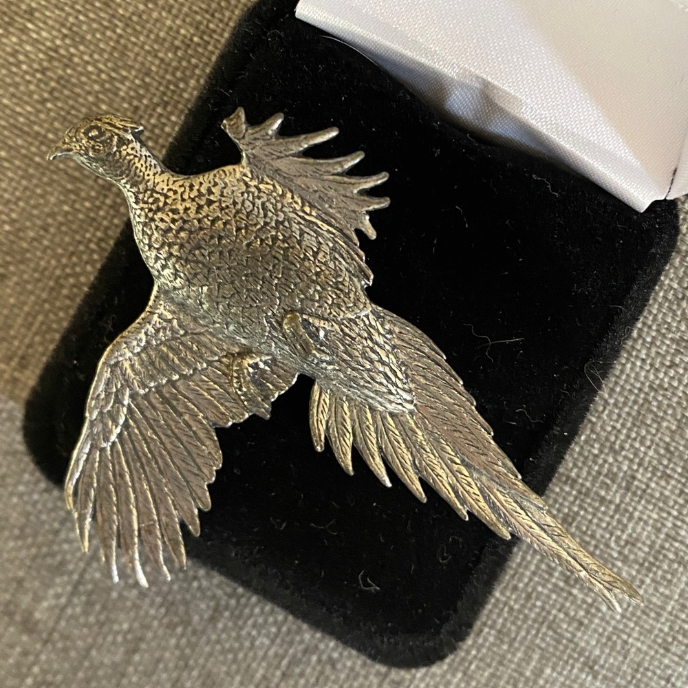 Pewter pheasant in flight pin, hand-sculpted and signed by A.R. Brown
